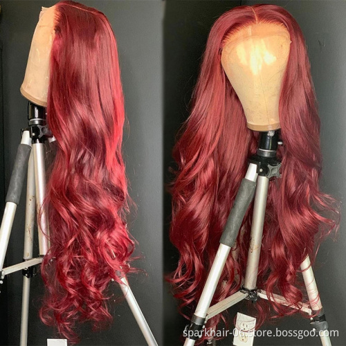 Factory Direct Sale Virgin Human Hair Lace Wigs,Long Colored 99J Brazilian Human Hair Lace Wigs,Middle Part With Baby Hair Hair
